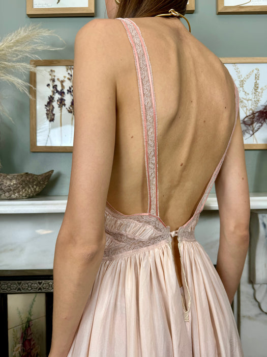 Janet Reiger, blush pink silk and lace dress