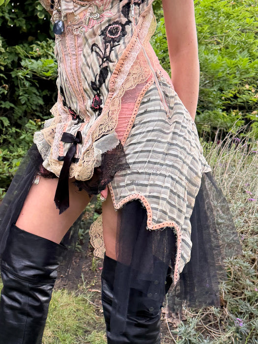 Estelle, reworked 40s corset with Victorian silk damask and ribbon lace design