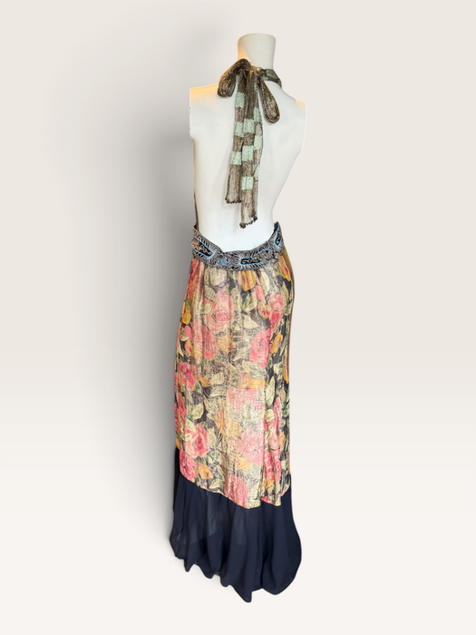 Dray, reworked 1920s floral lamé and metallic dress with glass black jet beaded fringed waistband
