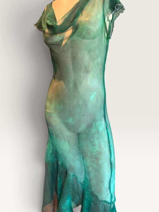 Ronda, hand dyed emerald green bias cut, asymmetric vintage chiffon beaded dress