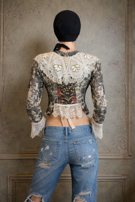 Perry, embellished Victorian lace jacket with hand painted motif