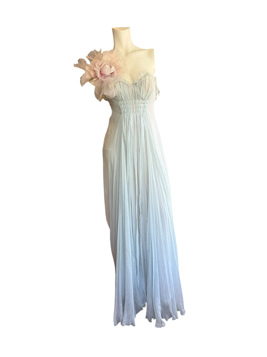 J Mendel, duck egg blue, chiffon draped corseted dress