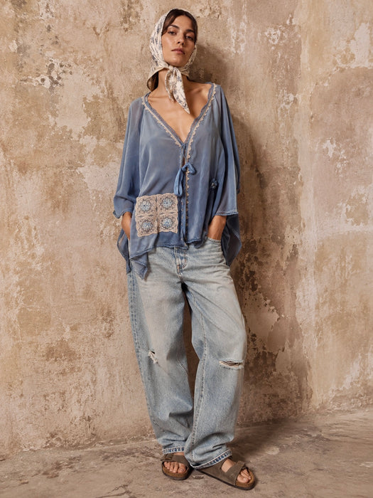 Adina, 30s, hand dyed pale blue silk and lace jacket