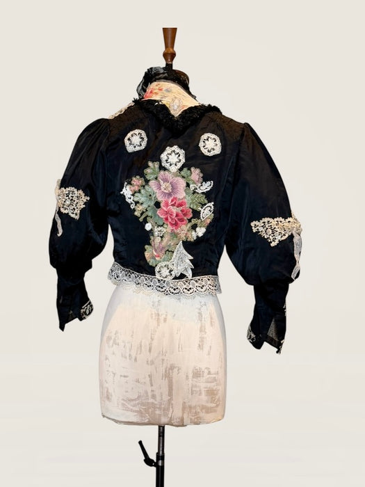 Kiki, Victorian black silk jacket with mutton sleeves, embellished with beaded lace