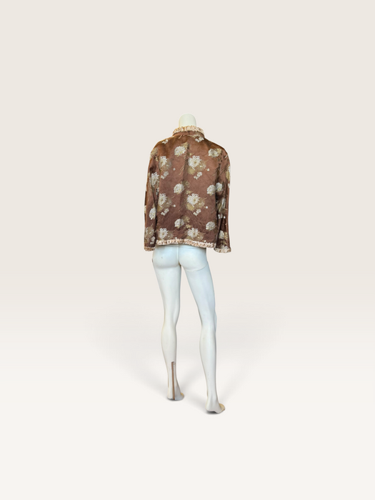 Edina, 70s Oriental camel silk damask teddy lined jacket