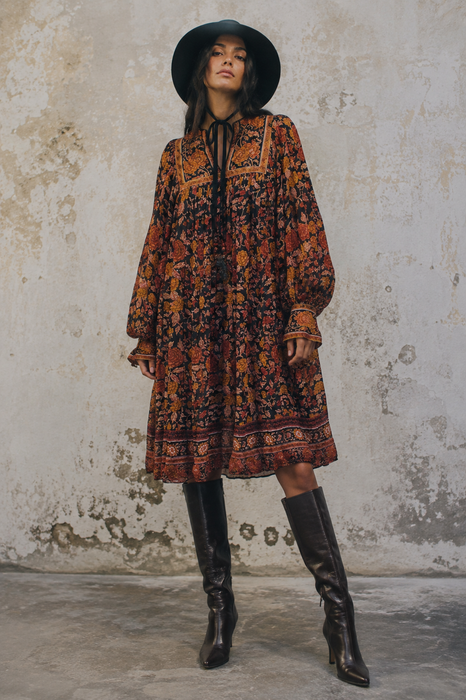 Anchor, 70s silk Indian block print balloon sleeves belted dress