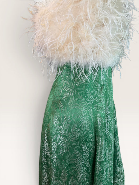 Monica, reworked 1920s green floral lamé gown with cream ostrich feather bust