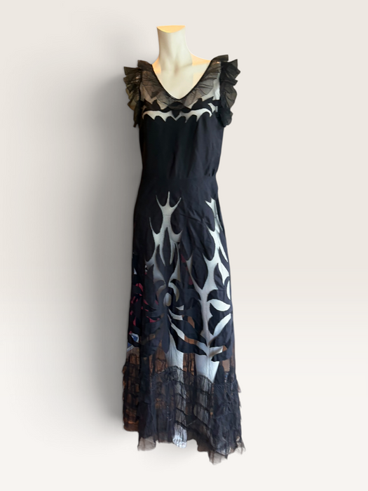 Oriel, 30s black net silk cut out frill dress