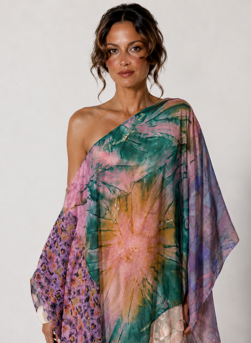 Aline, reworked silk 70s hand painted patchwork parachute kaftan