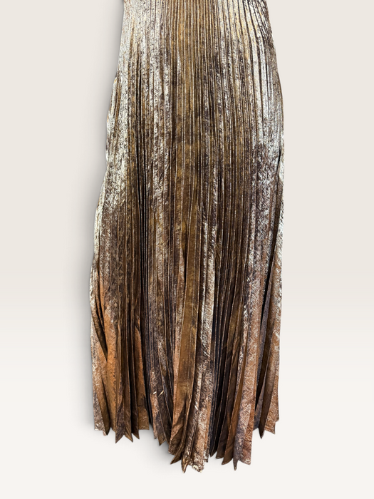 Addison, 1970s gold lures pleated gold halter neck dress
