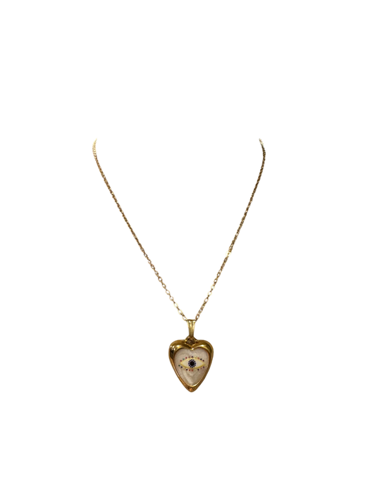 Erin, vintage heart shape ceramic eye charm and 14 c gold pendant and chain