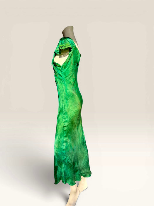 Bora, 1930s emerald green hand dyed silk bias cut dress with lace inserts and Victorian ribbon work florals