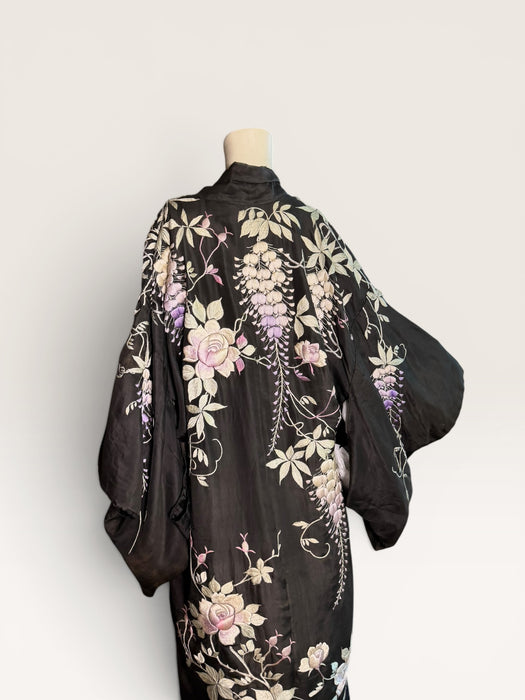 Chi, 1940s dark brown silk Japanese embroidered floral kimono