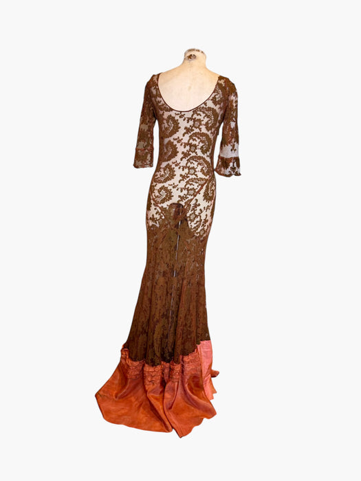 Arlo, 1930s burnt orange lace bias cut dress with Edwardian metallic embroidery and hand made silk florals