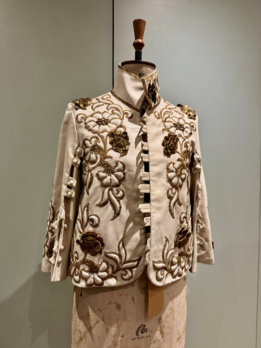 Jean-Louis Sherrer, 80s couture lather nappa cream leather jacket with gold thread quilted embroidery