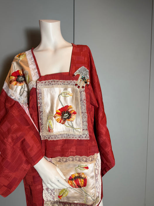 Tales, 40s a Japanese silk damask burnt orange kimono jacket with Victorian floral and lace motifs