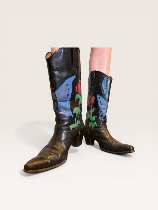 Dallas, 70s black leather hand painted cowboy boots