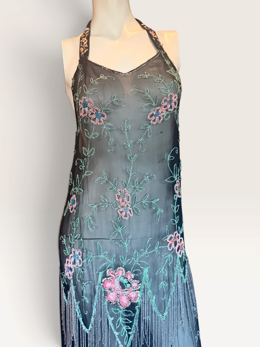Dana, reworked 1920s black beaded floral fringed silk chiffon scalloped dress
