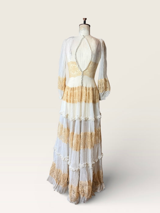 Sabine, 30s off white chiffon and cream lace tiered buttoned dress