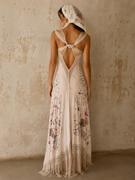 Daria, reworked bias cut cream piano shawl embroidered fringed dress
