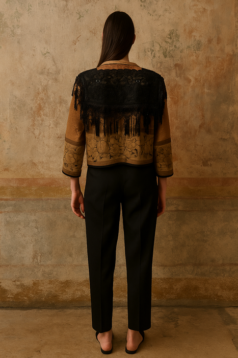 Christine, reworked French tapestry jacket with Edwardian lace tassel