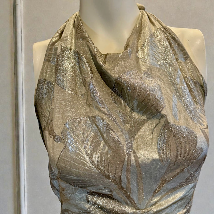 Monica, 20s silver floral lamé dress with bustle train