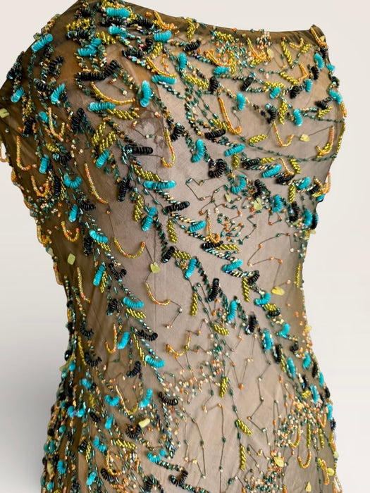 Tory, 90s beaded kaki green bias cut chiffon handkerchief dress