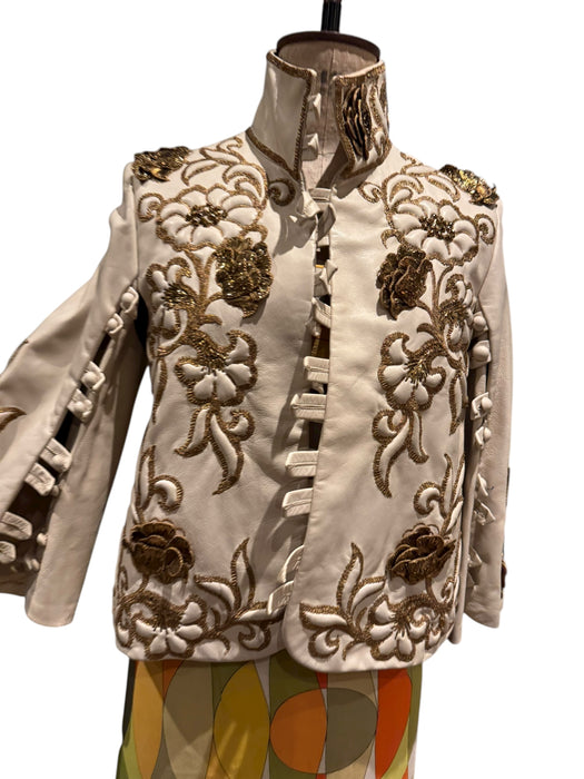 Jean-Louis Sherrer, 80s couture lather nappa cream leather jacket with gold thread quilted embroidery