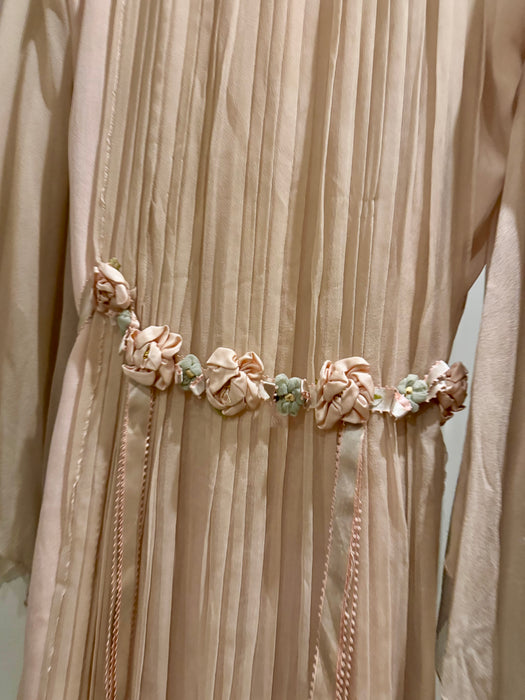 Adan, 30s blush pink silk chiffon angel sleeve pleated dress with florals and a ribbon tie