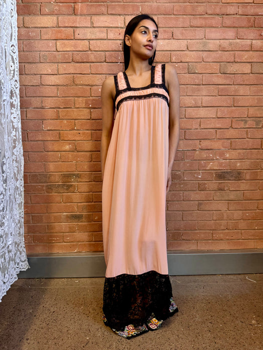 Shirah, 20s peach silk and black lace dress