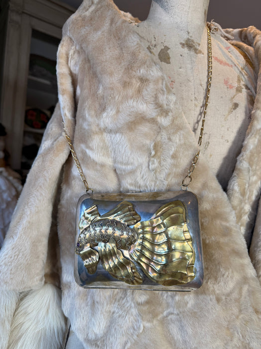 Koi, 70s metal silver and brass modernist chain handbag