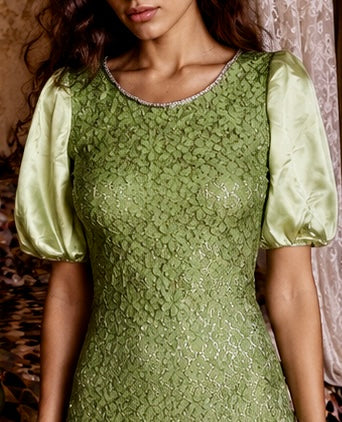 Astrid, 1930s silk and lace green hand dyed bias cut dress with rhinestone details