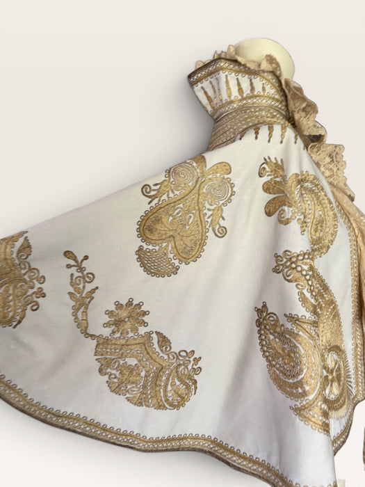 Shay, Ottoman cream and gold embroidered cape with cream lace ruffle collar