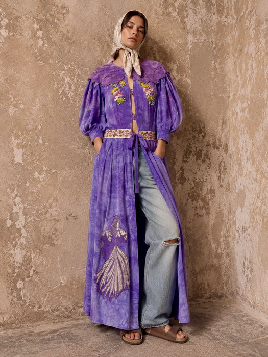 Hyacinth, 30s hand dyed silk robe with Edwardian ribbon florals