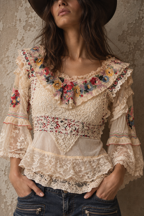 Paulina, reworked antique lace blouse with Romanian silk embroidered sleeves and collar