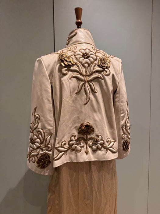Jean-Louis Sherrer, 80s couture lather nappa cream leather jacket with gold thread quilted embroidery