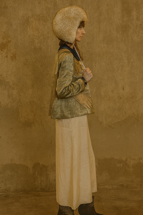 Serena, reworked 20s silver lamé and blue velvet jacket with 20s leather gloves