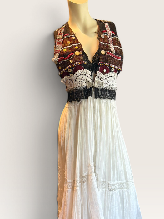 Natalia, reworked Victorian tiered skirt and Afghan beaded dress