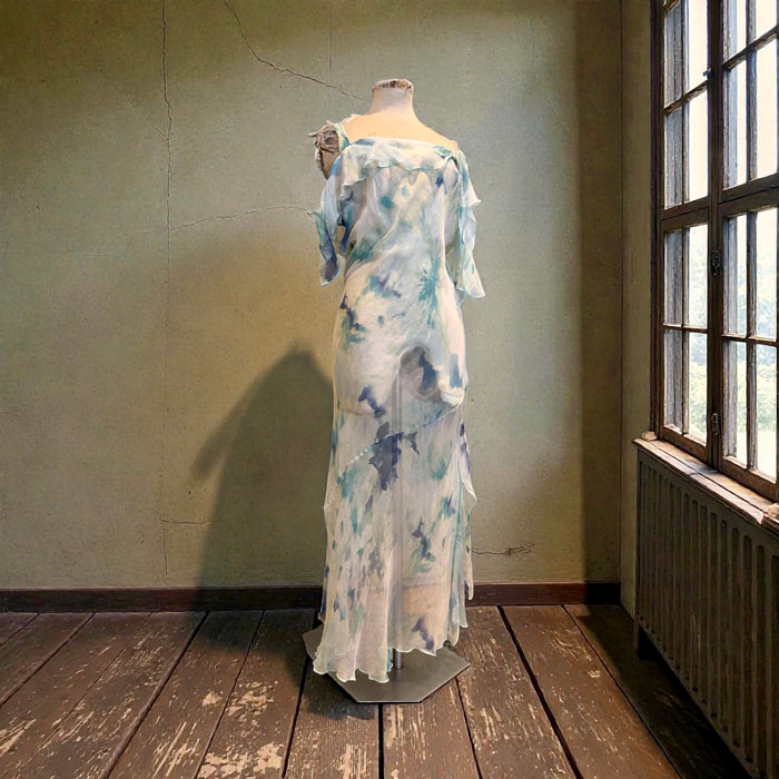 Aqua, 90s pale blues, bias cut chiffon dress with frill sleeves