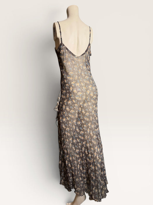 Bora, 90s silk chiffon bias cut floral, long frill dress