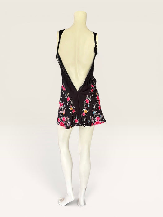 Blackbird, reworked 40s black silk piano shawl floral short dress