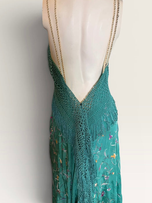 Dora, reworked 1940s silk embroidered fringed piano shawl dress