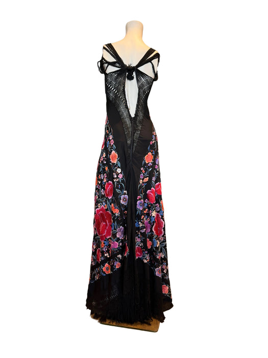 Birdie, reworked 40s embroidered piano shawl bias cut fringed dress