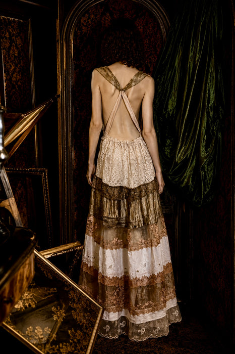 Miter, reworked 1920s French gold lamé and lace dress with Edwardian embroidery