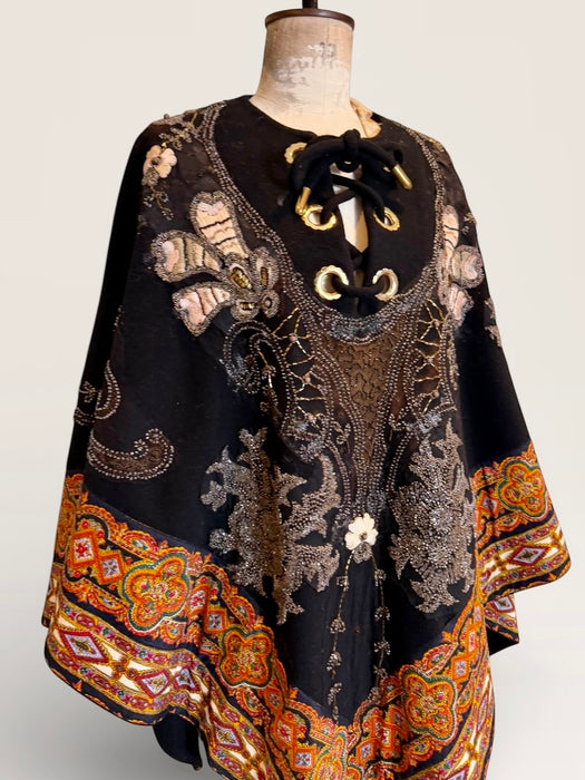 Marina, 70s paisley wool cape with 20s beading and floral embroidery
