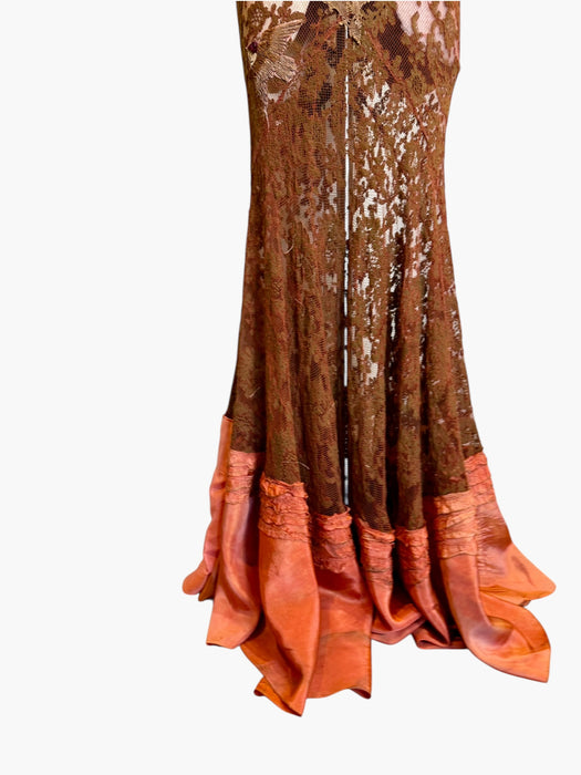 Arlo, 1930s burnt orange lace bias cut dress with Edwardian metallic embroidery and hand made silk florals