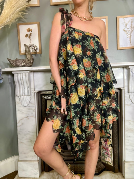 Olsen, 70s floral tiered one shoulder dress