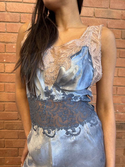 Azure, 20s bias cut hand dyed dress with lace detail