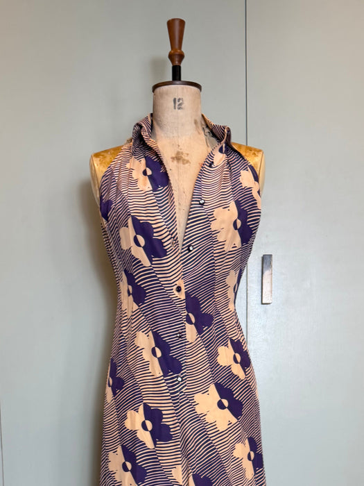 Mary, 70s silk floral print halter dress, bolero and belt