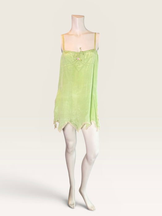 Tara, 1920s apple green silk and lace scalloped short dress with floral ribbon detail